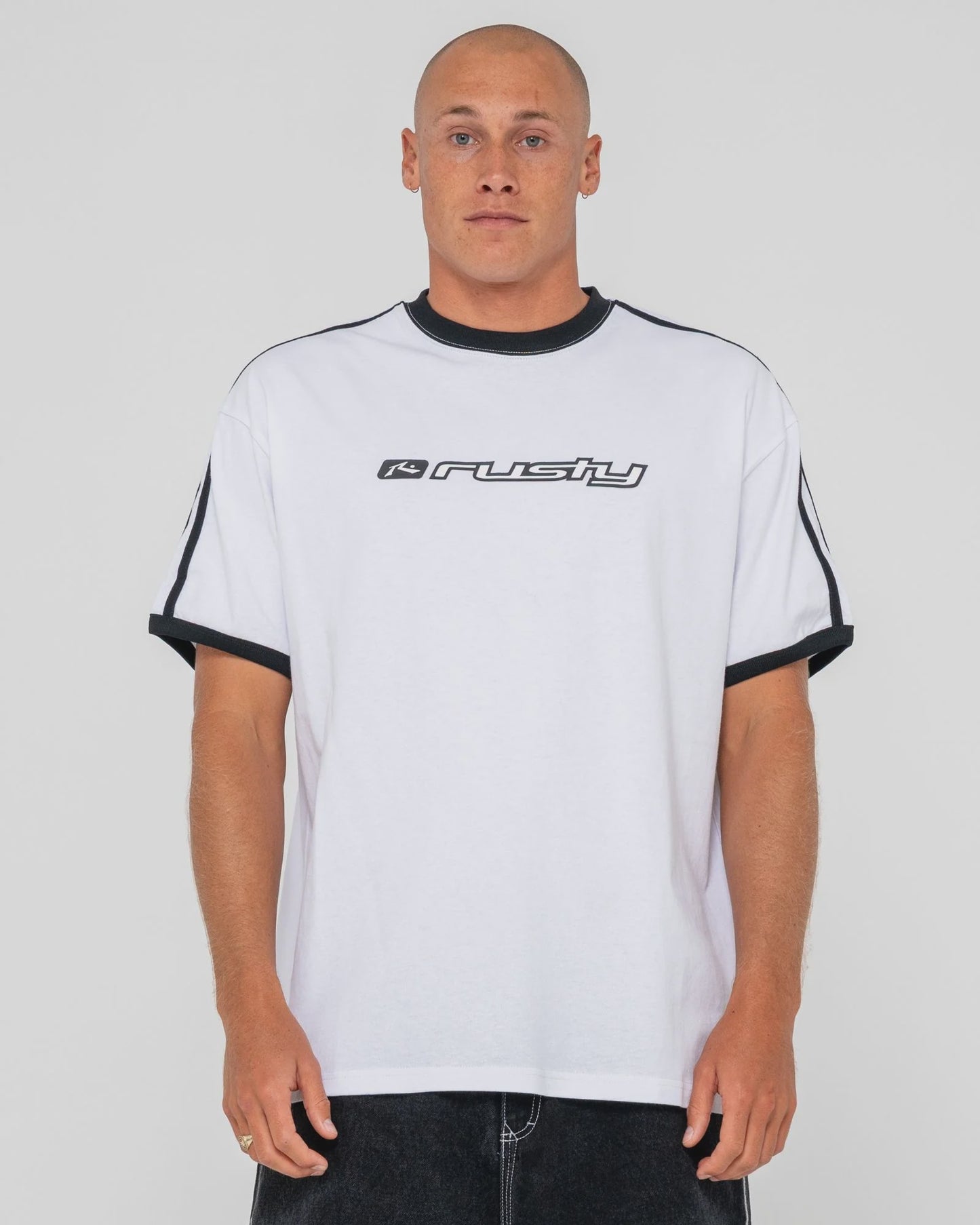 MENS RUSTY BRIGHT RINGER SHORT SLEEVE TEE - WHITE