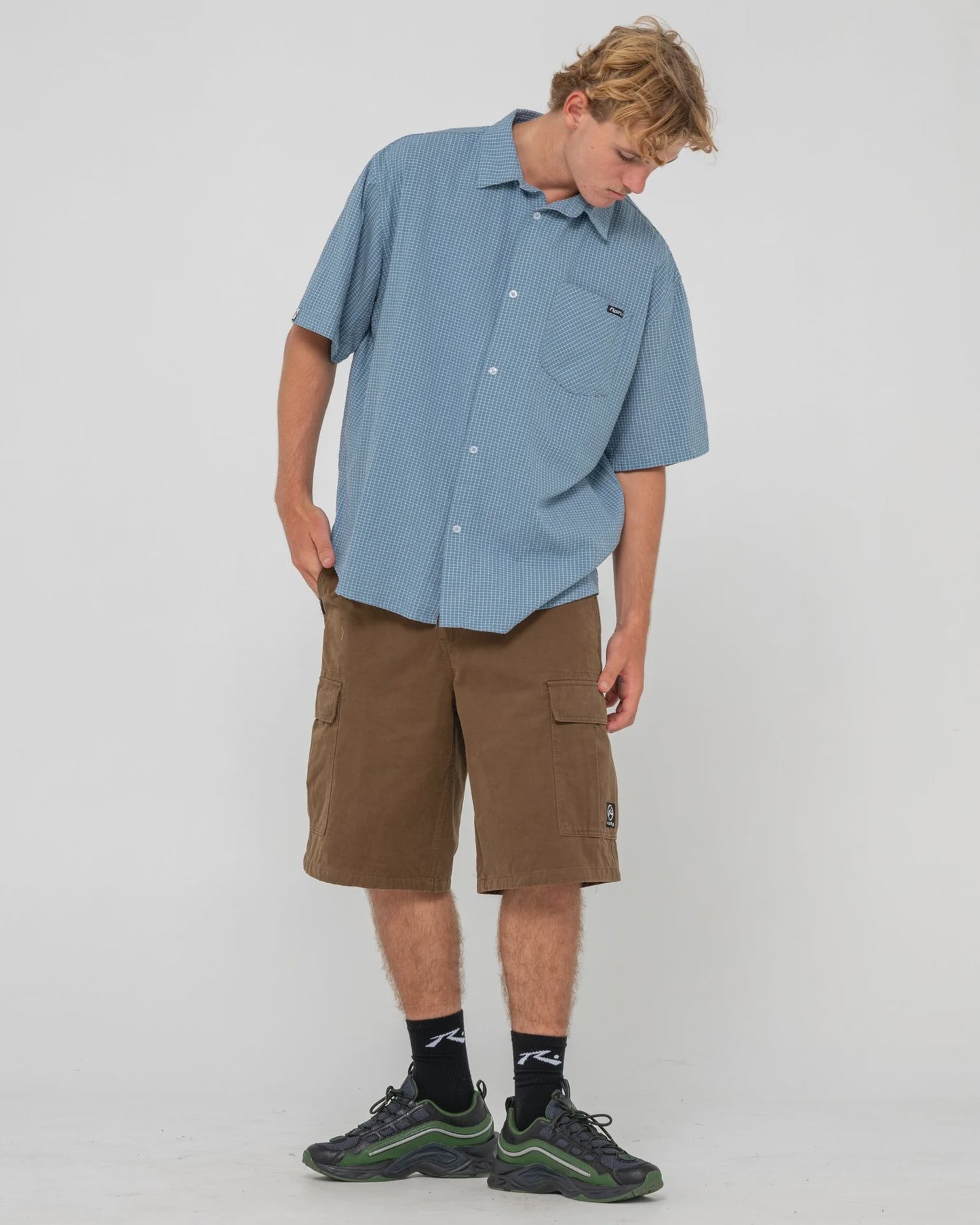 RUSTY ACEMO CHECK SHORT SLEEVE SHIRT - CHINA BLUE - ON SALE FOR $50