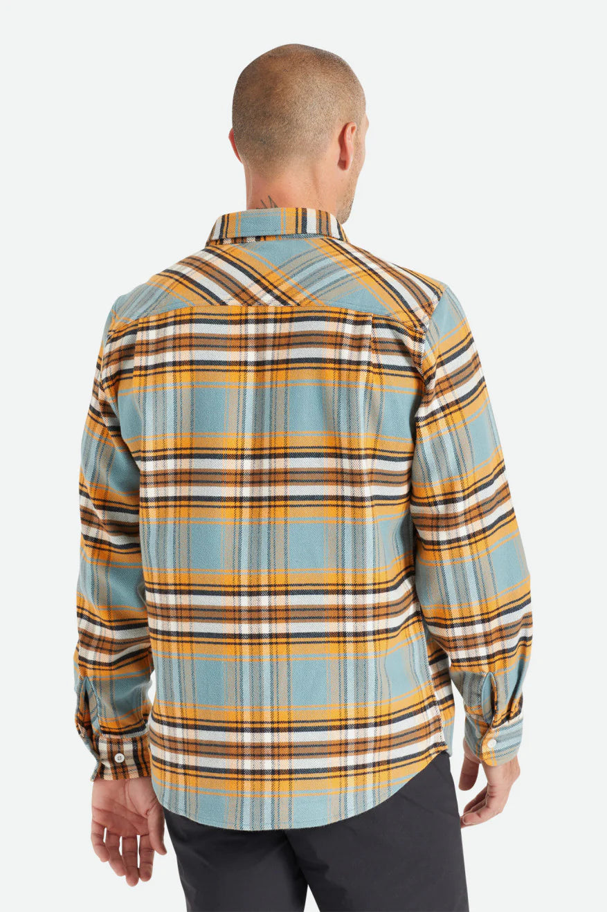 BRIXTON BOWERY STRETCH L/S UTILITY FLANNEL SHIRT - BURNT ORANGE/DEEP LAKE