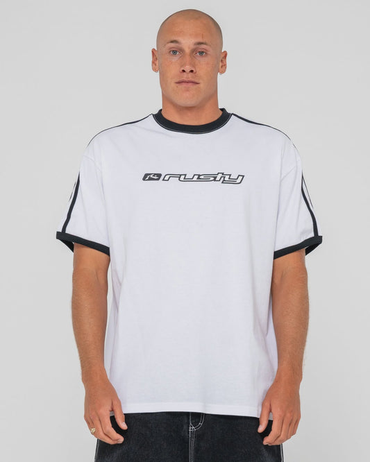 MENS RUSTY BRIGHT RINGER SHORT SLEEVE TEE - WHITE