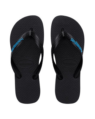 HAVAIANAS MENS RUBBER LOGO BLACK / BLUE STRIPE HRLL2689