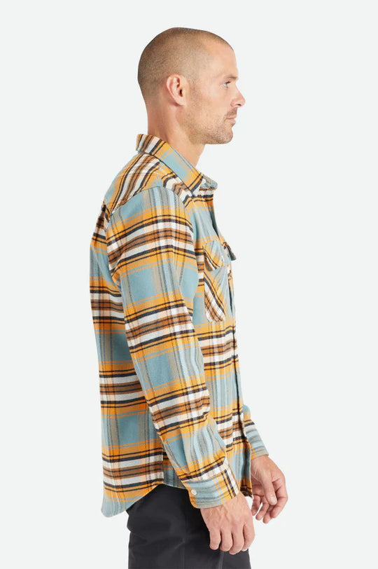 BRIXTON BOWERY STRETCH L/S UTILITY FLANNEL SHIRT - BURNT ORANGE/DEEP LAKE