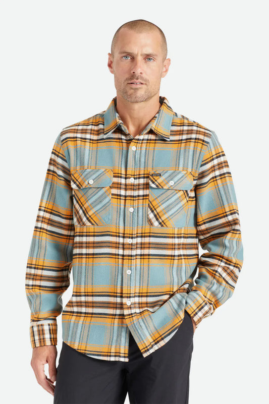 BRIXTON BOWERY STRETCH L/S UTILITY FLANNEL SHIRT - BURNT ORANGE/DEEP LAKE