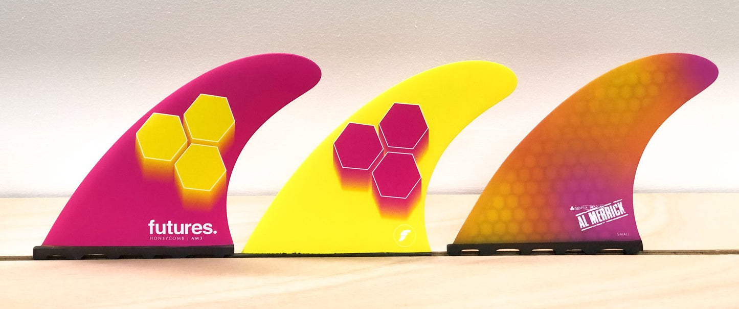 FUTURES AM3 HONEYCOMB AL MERRICK THRUSTER FINS - PINK/YELLOW