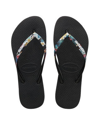 HAVAIANAS SLIM STRIPPED LOGO FLORAL BLACK